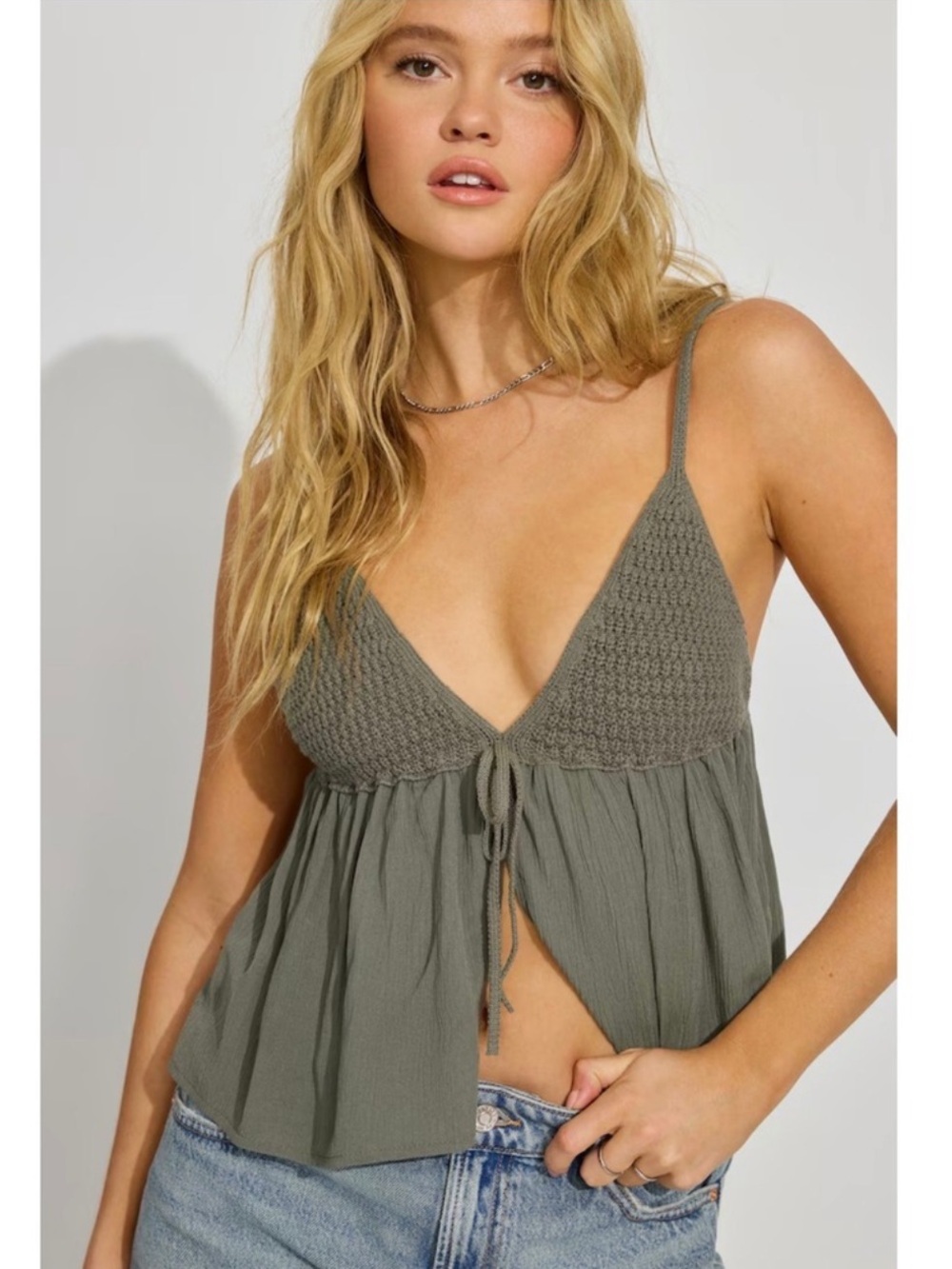 Garage Crochet Top Babydoll Tank Top in Olive Taupe. Size XS